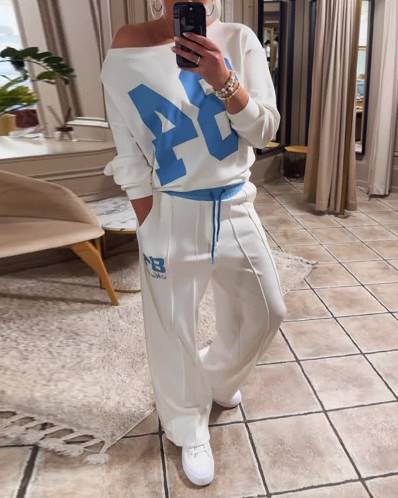 

Conjunto de 2 piezas de sudadera con estampado de letras de manga larga y pantalones casuales de pierna ancha con cordón, White