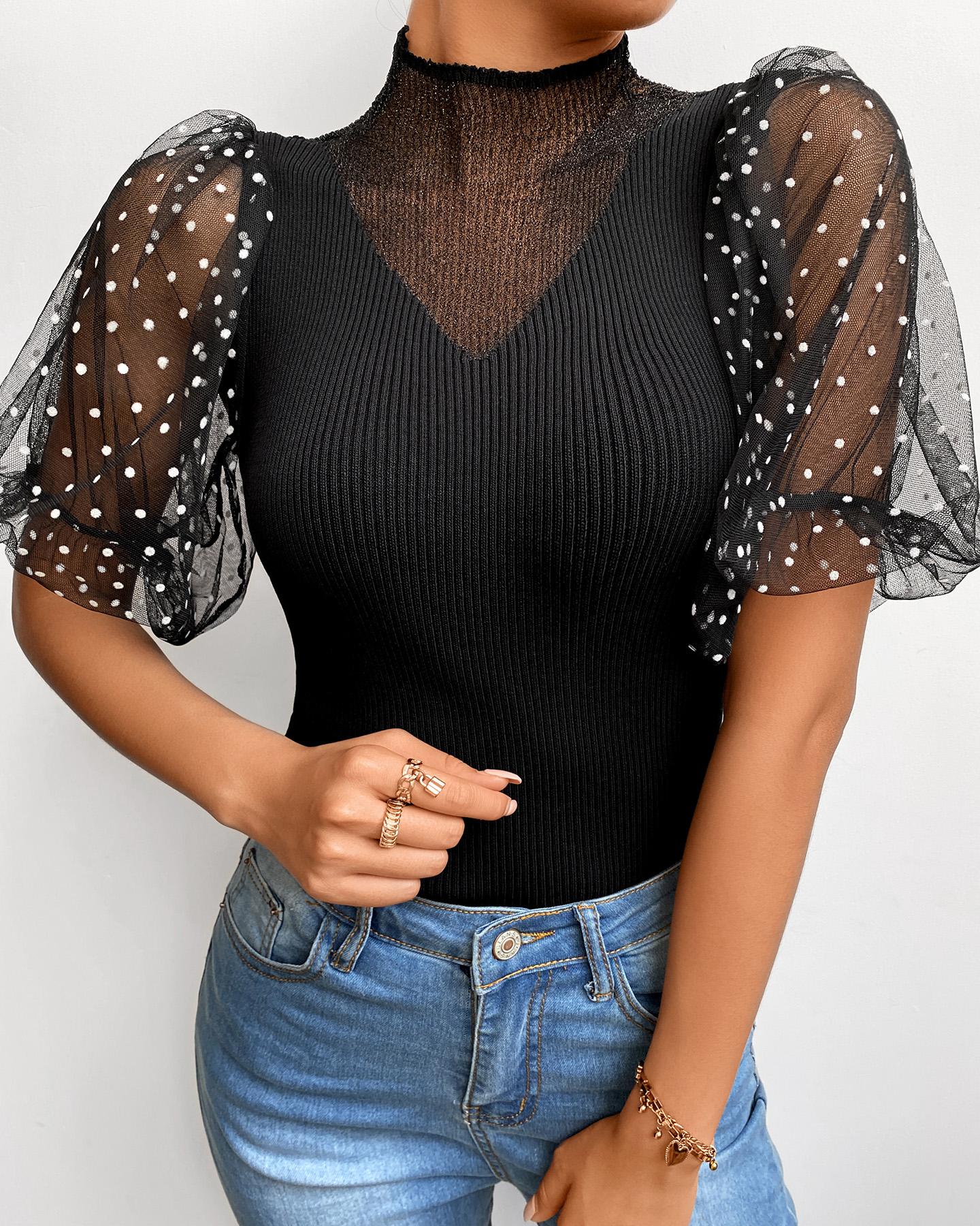 

Puffed Sleeve Polkadot Print Mock Neck Blouse, Black