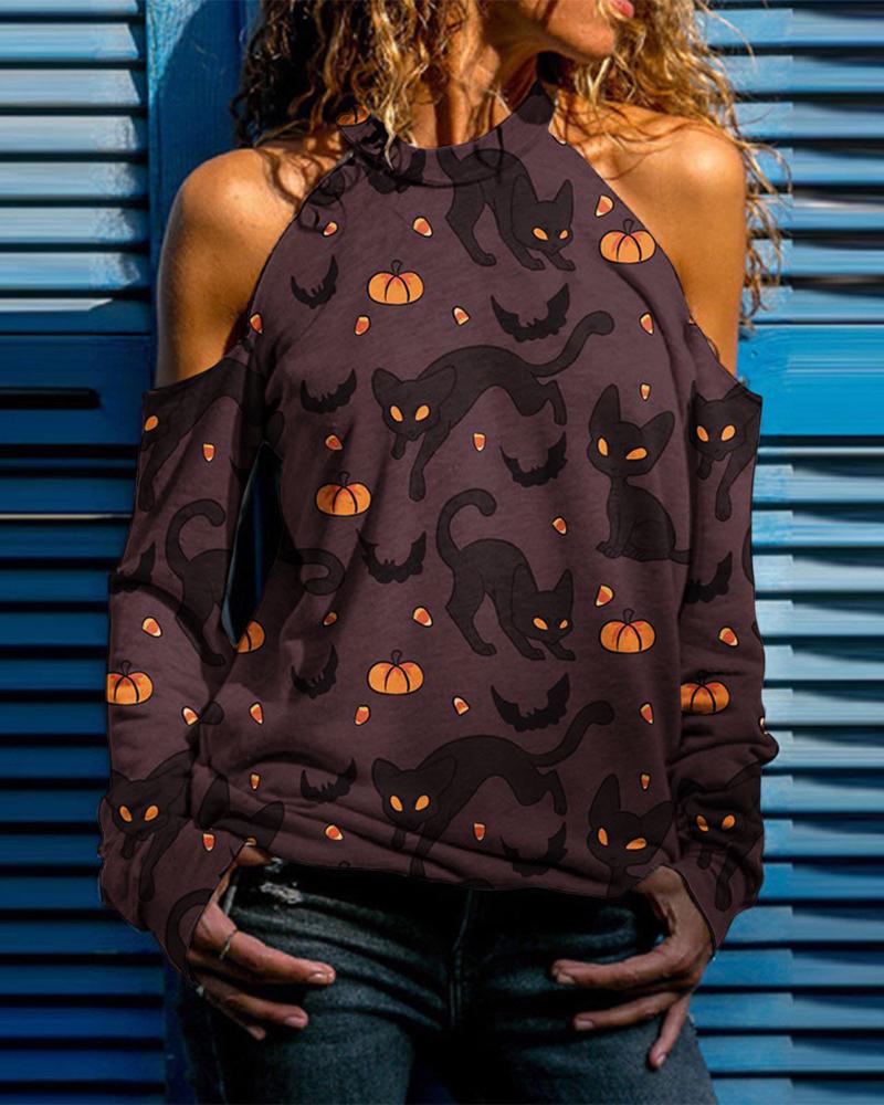 

Halloween Pumpkin Cat Print Cold Shoulder Top, Brown