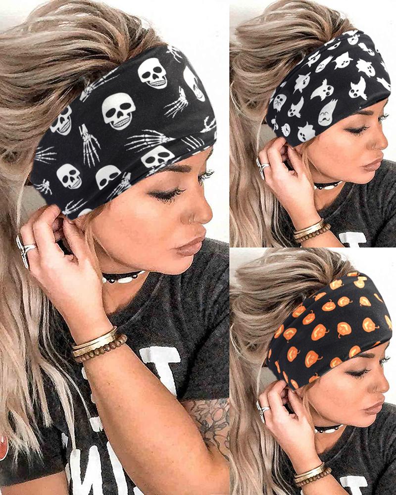 

Halloween Skeleton Hands Skull Pumpkin Ghost Print Yoga Sports Wide Headband, Style1