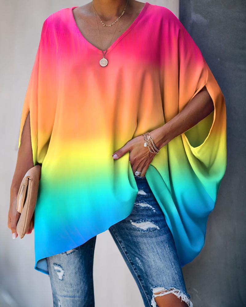 

Gradient Color Tie Dye Print Batwing Sleeve Casual Top, Multicolor