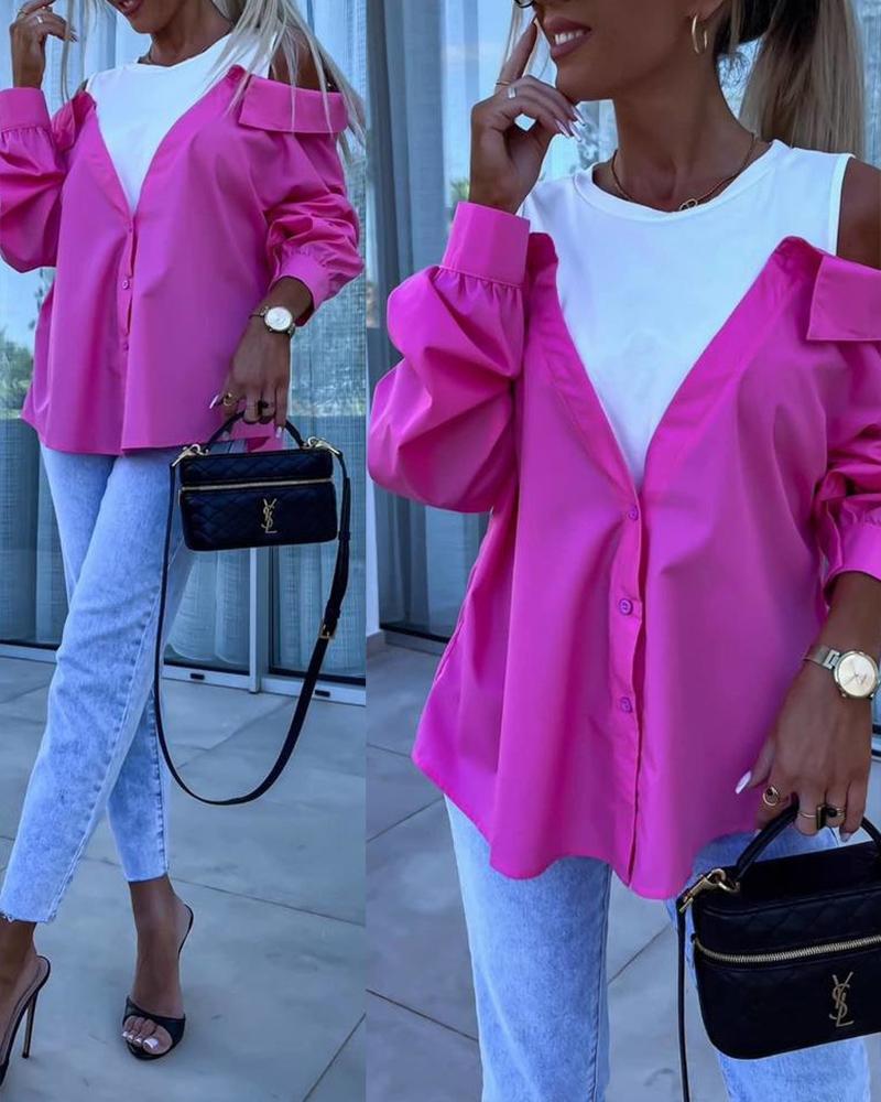 

Colorblock Fake Two Piece Buttoned Top, Hot pink