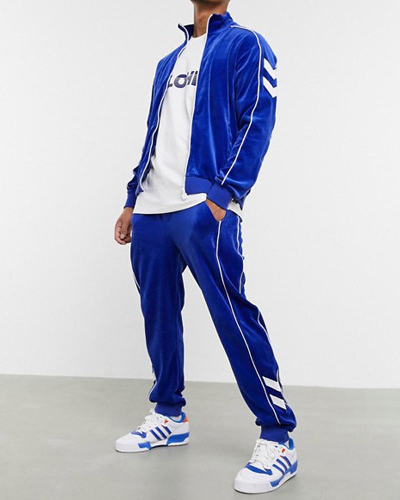 

Solid Color Side Striped Long Sleeve Velvet Coat And Pants Active Sets, Blue