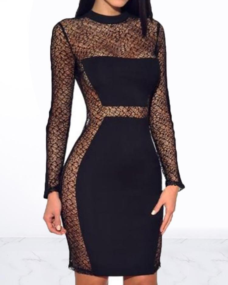 

See Through Lace Insert Bodycon Dress, Black