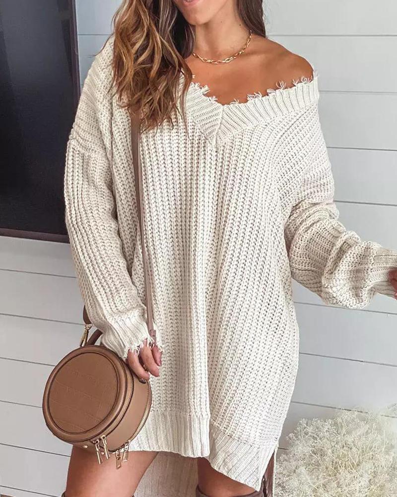 

Long Sleeve Distressed Chunky Knit Sweater Dress, Apricot