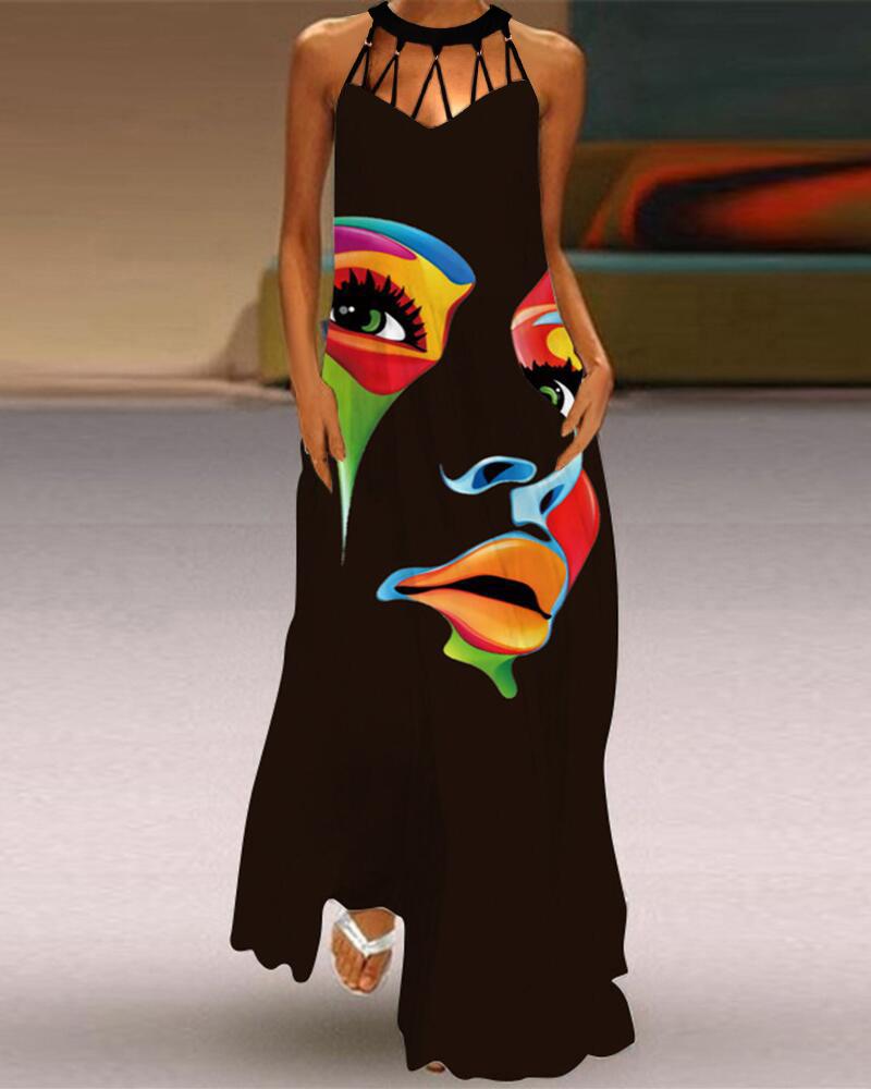 

Abstract Figure Print Hollow Out Maxi Dress, Black
