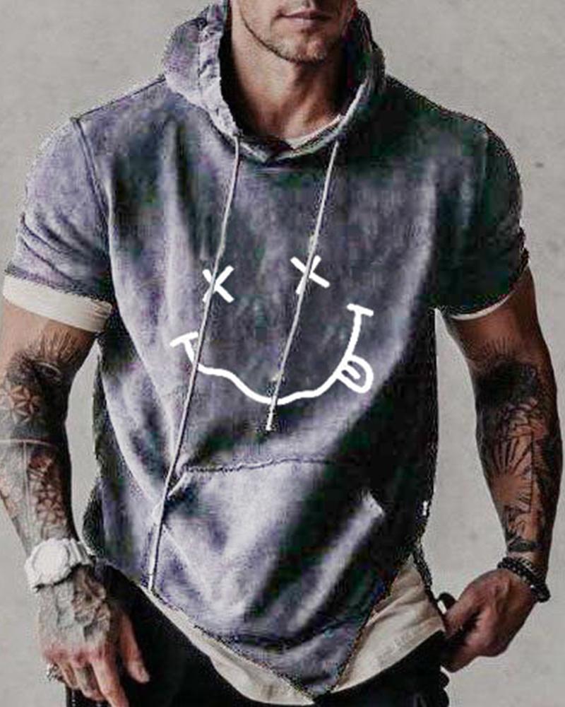 

Smiley Print Short Sleeve Hooded Sweatshirt T-shirt, Gray