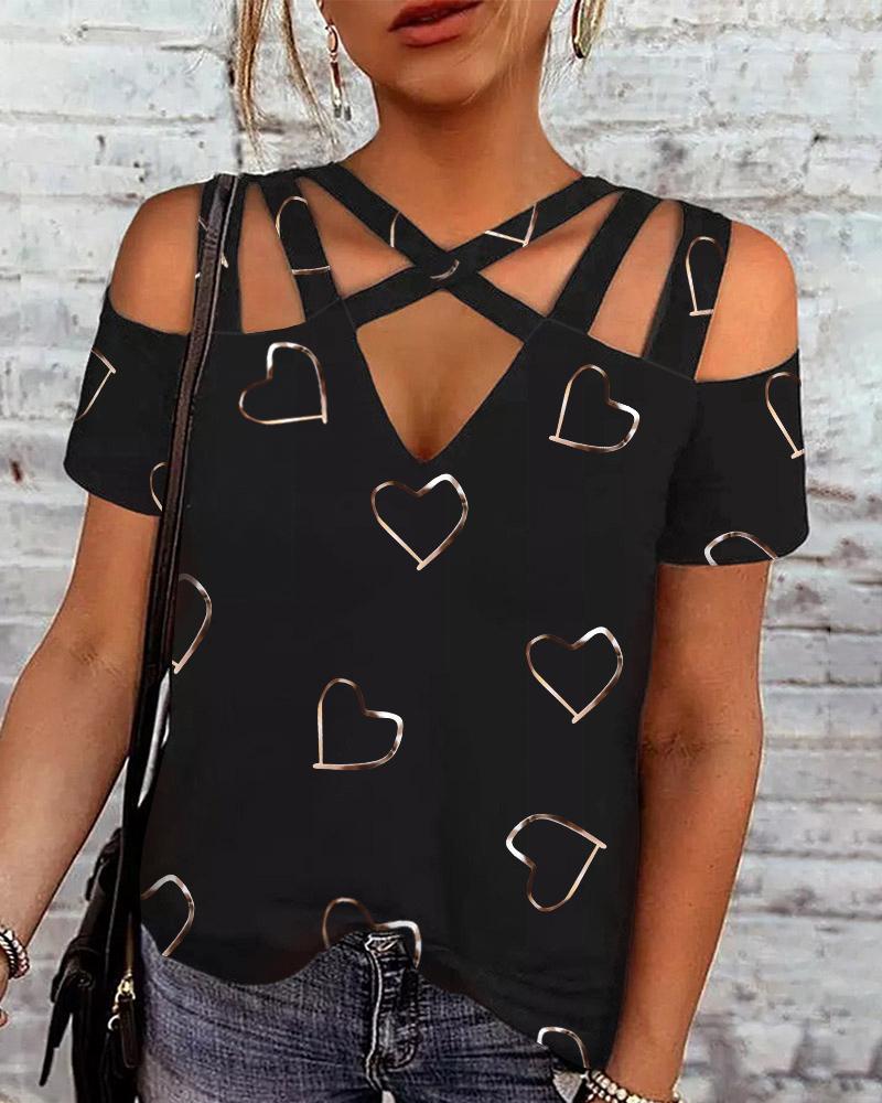 

Heart Print Multi-Strap Cold Shoulder Top, Black