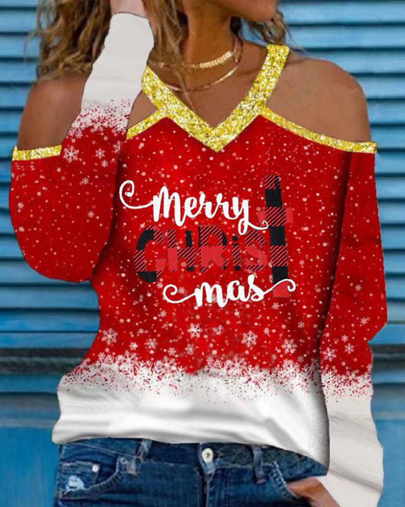 

Merry Christmas Snowflake Print Cold Shoulder Top, Red
