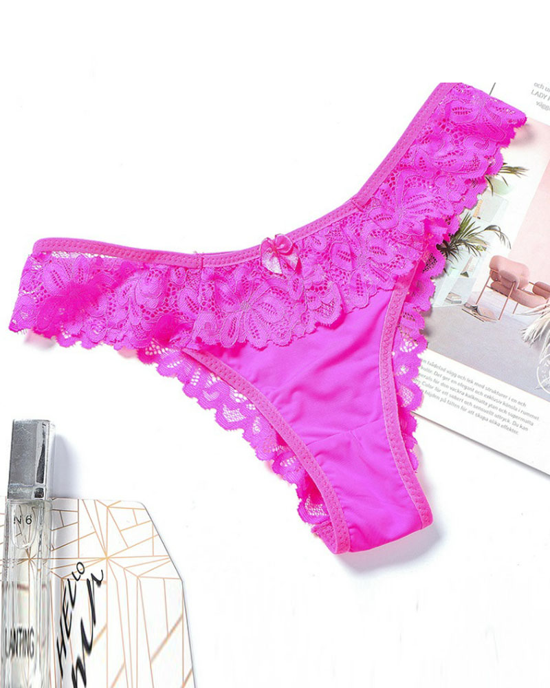 

Breathable Bowknot Decor Floral Lace Panty, Hot pink