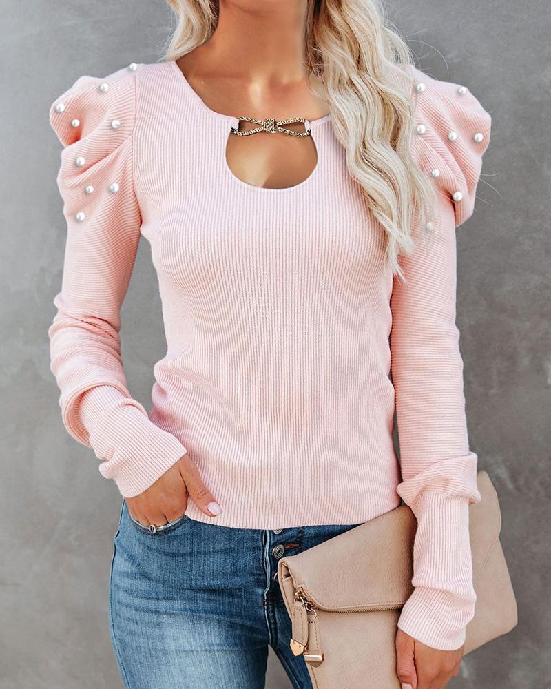 

Beaded Puffed Sleeve Cutout Top, Pink