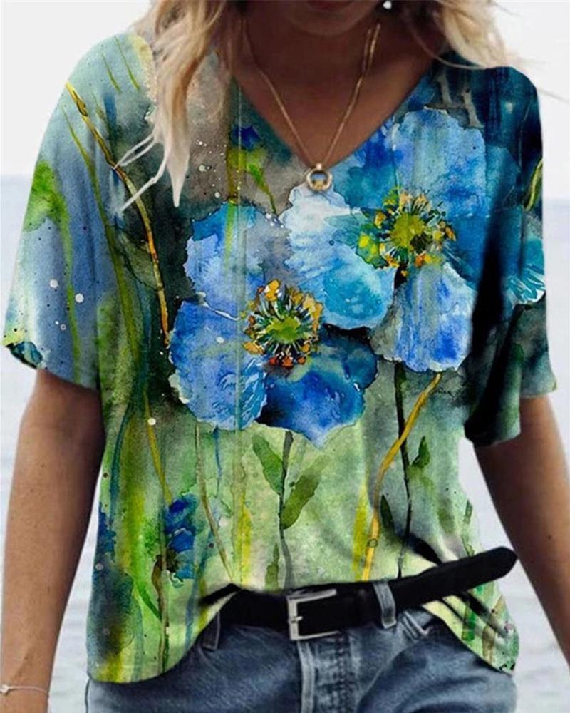

Floral Graphic Print Short Sleeve T-Shirt, Style2