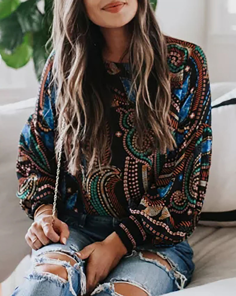 

All Over Print Lantern Sleeve Women Top, Black