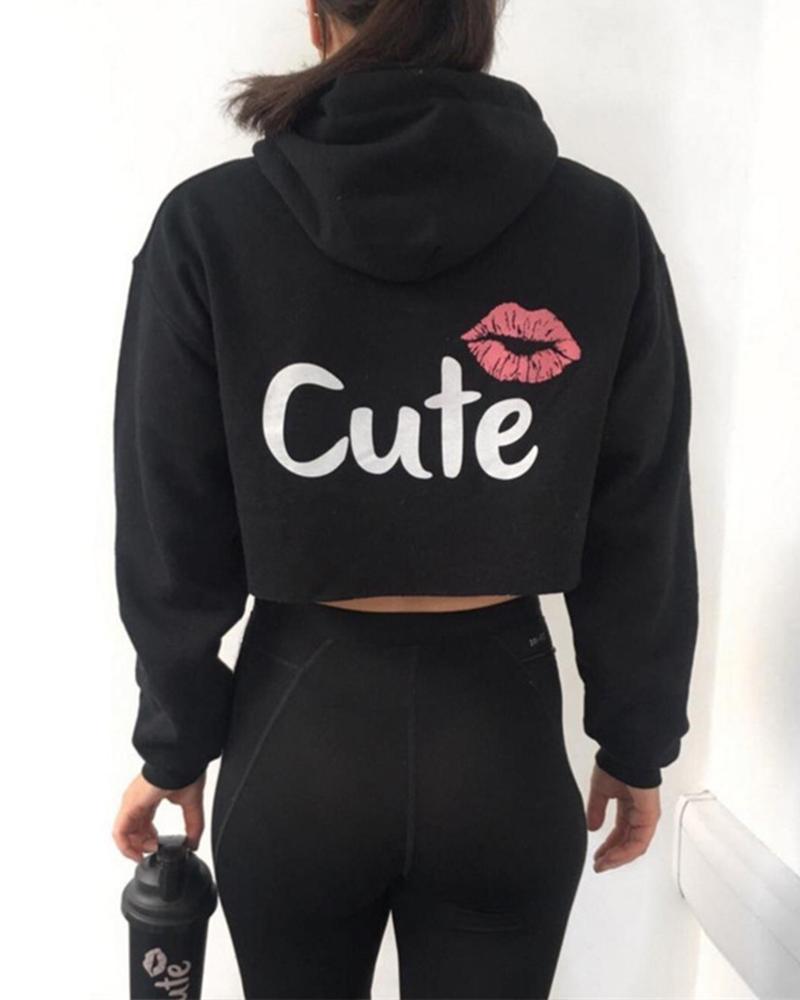

Lip Print Crop Hoodie, Black