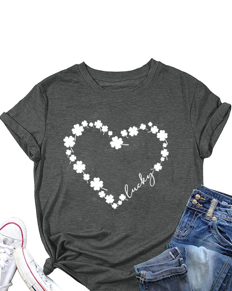

St.Patrick's Day Short Sleeve Heart Four Leaf Clover Print Top, Gray