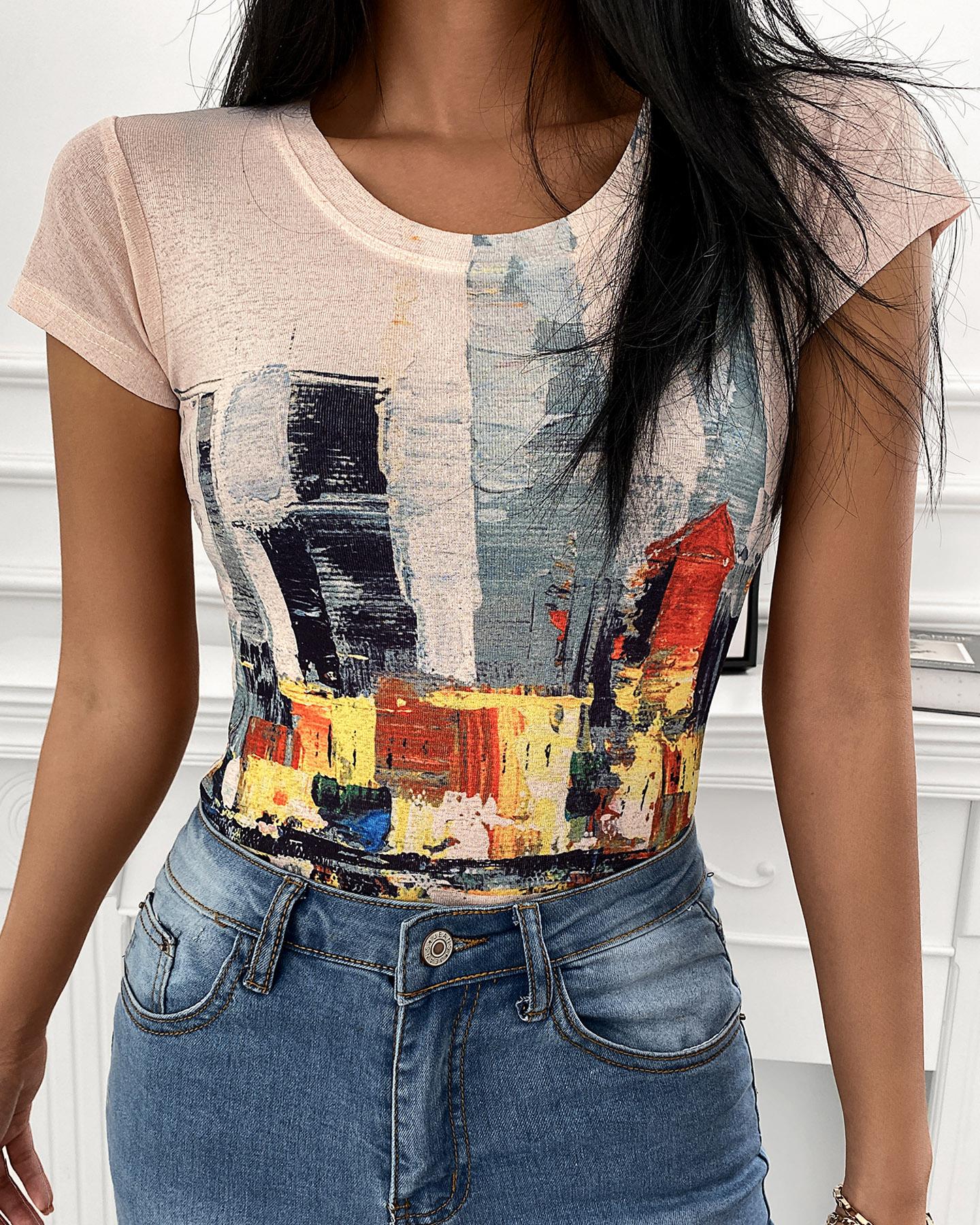 

Graphic Print Short Sleeve T-shirt, Multicolor