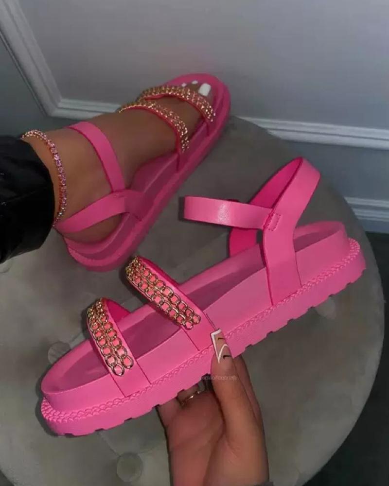 

Round-toe Solid Color Splicing Chain Platform Flat Sandals, Hot pink