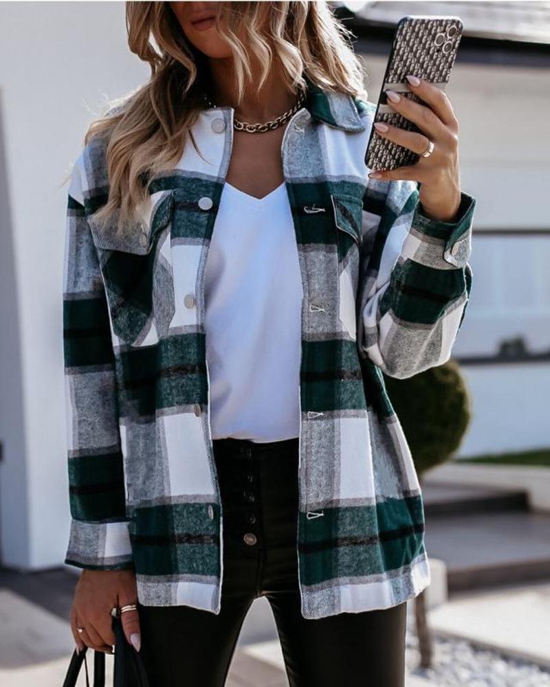 

Plaid Print Long Sleeve Button Up Shacket, Green