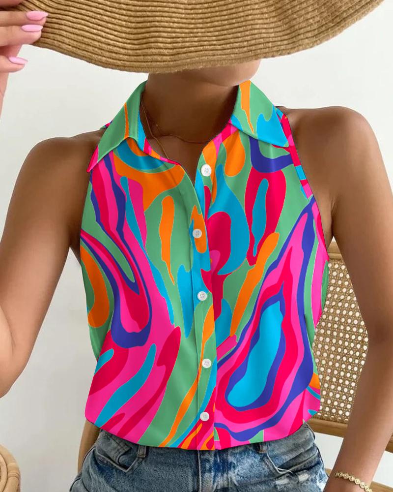 

Multi-Color Abstract Print Button Front Top, Hot pink