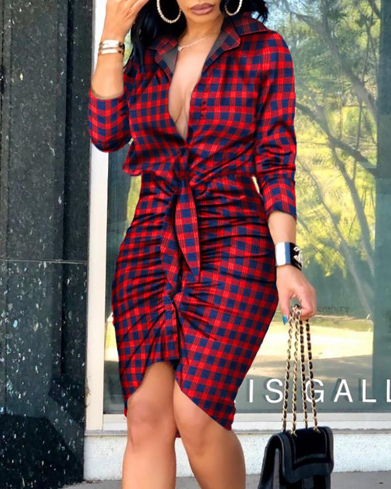 

Tie Detail Long Sleeve Plaid Ruched Midi Dress, Red