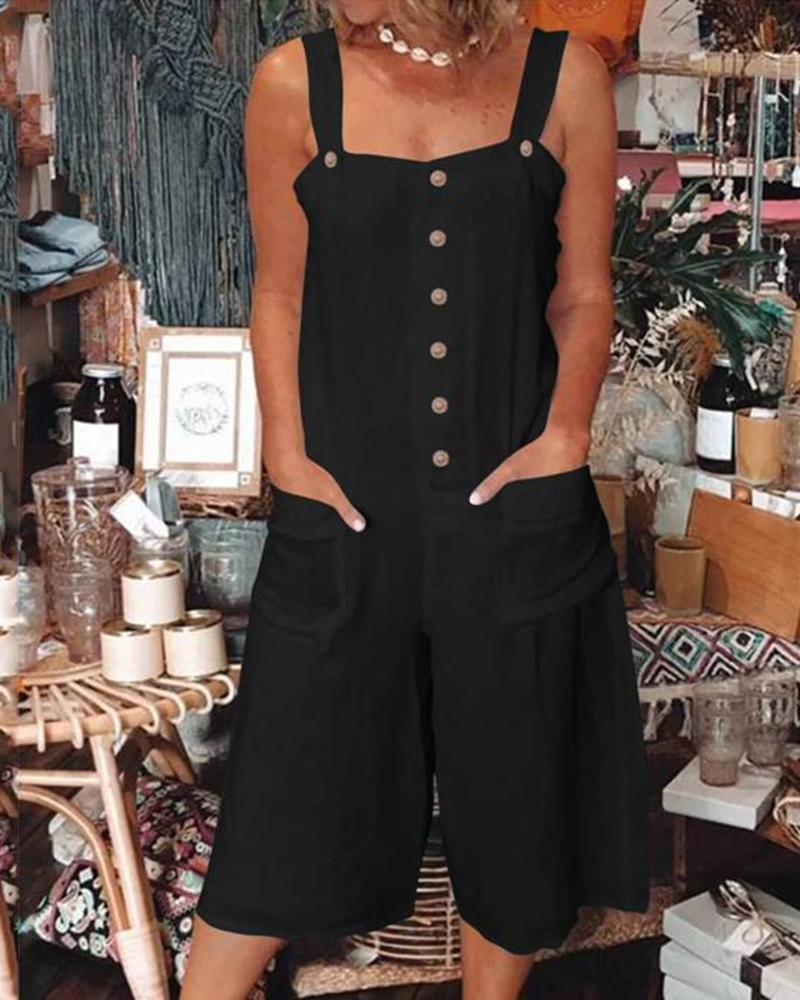 

Button Front Pocket Design Suspender Romper, Black
