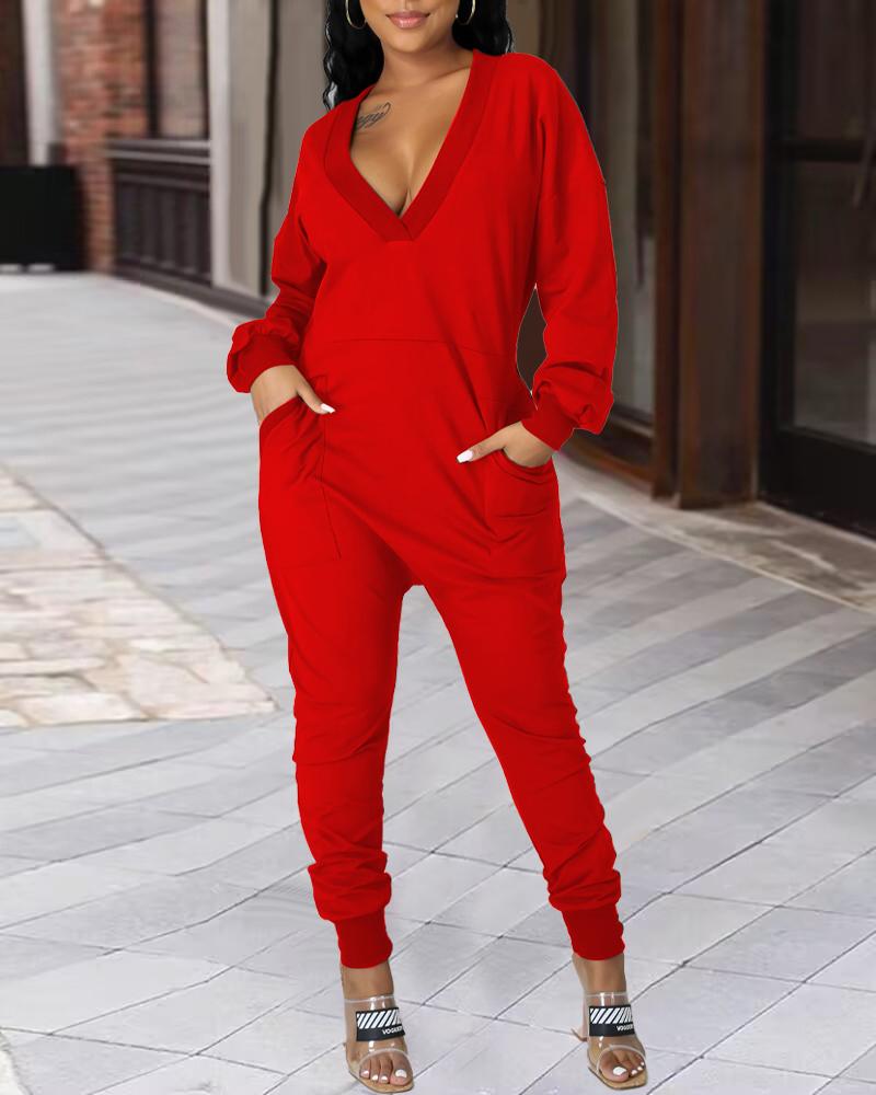 

Pocket Design V-Neck Long Sleeve Jumpsuit, Red