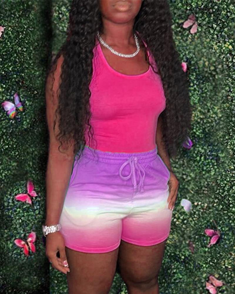 

Basic Tank Top & Ombre Drawstring Shorts Set, Hot pink