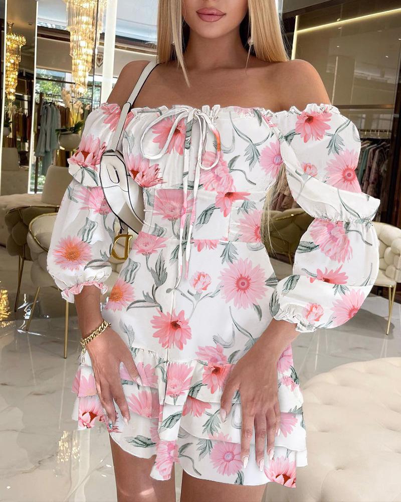 

Off Shoulder Ruffle Hem Floral Print Dress, Pink