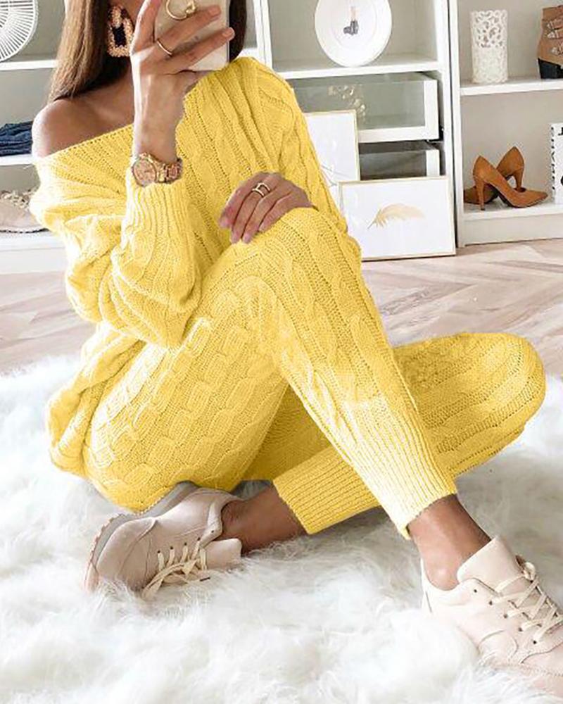 

Solid Ribbed Knitting Casual Sweater & Pants Sets, Yellow