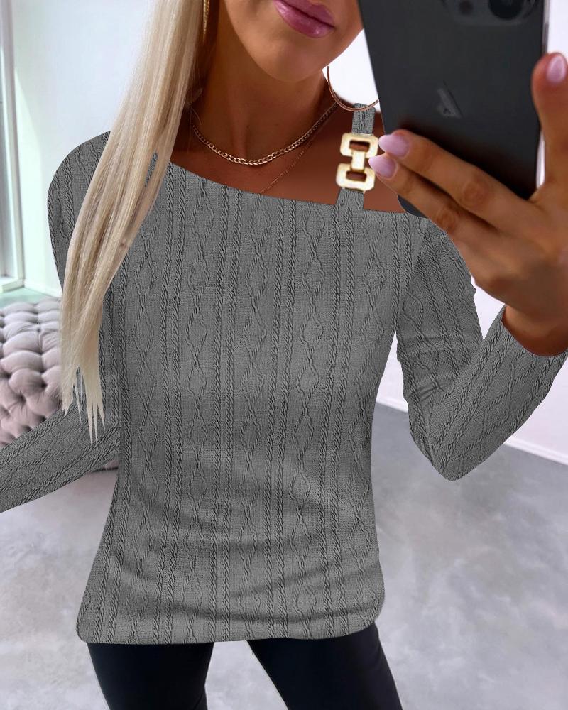 

Cold Shoulder Chain Decor Cable Textured Top, Gray