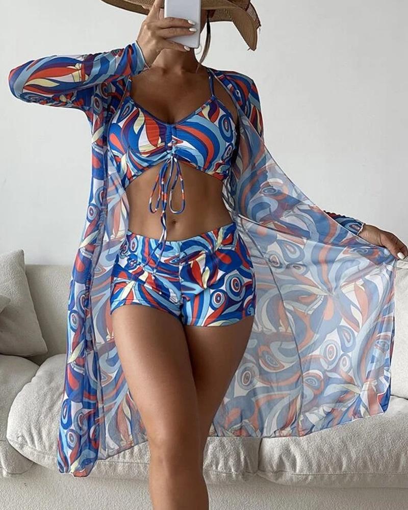 

3PCS Abstract Print Drawstring Bikini Set With Cover Up, Blue