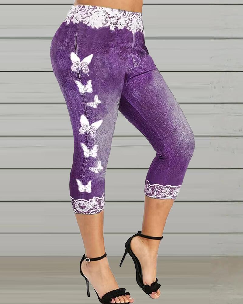 

Denim Look Butterfly Print High Waist Capris Leggings, Purple
