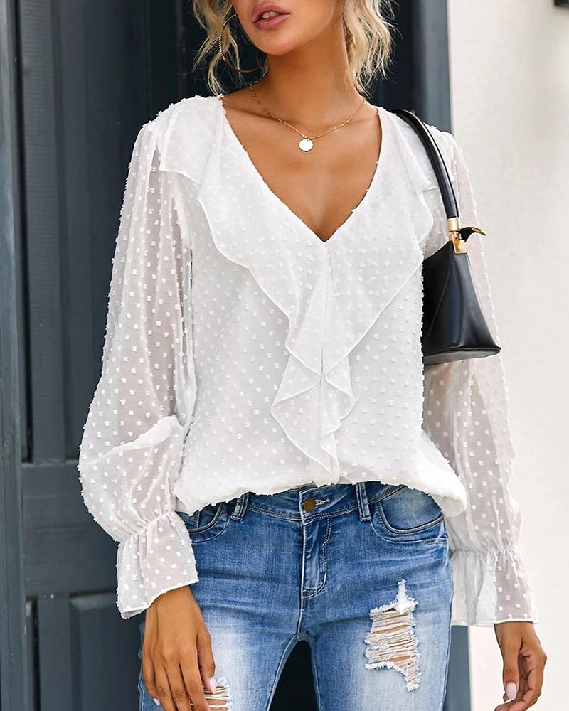 

Swiss Dot Ruffle Hem V Neck Lantern Sleeve Top, White