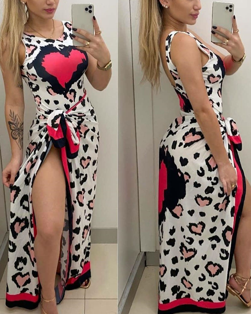 

Leopard Heart Print One Piece Swimsuit With Cover Up, Pink