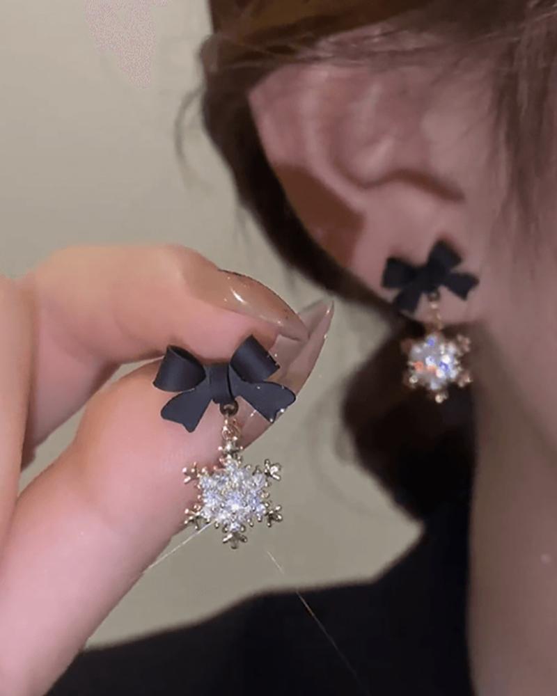 

Snowflake Rhinestone Bowknot Pattern Drop Earrings, Black