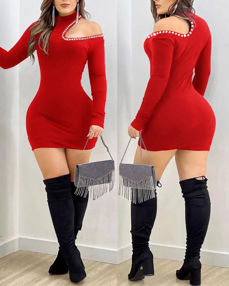 

Cold Shoulder Rhinestone Decor Mini Dress, Red