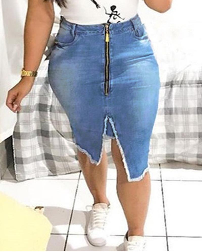 

Fringe Hem Zip Front Slit Denim Skirt, Blue