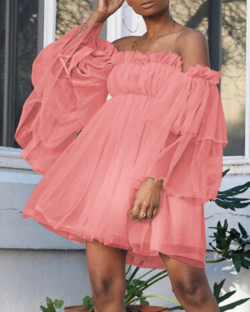 

Off Shoulder Frill Trim Sheer Mesh Swing Dress, Pink