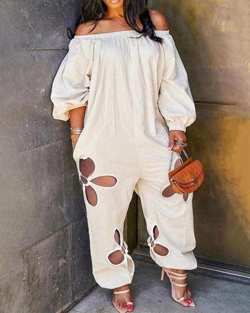 

Plus Size Hollow Out Off Shoulder Jumpsuit, Beige