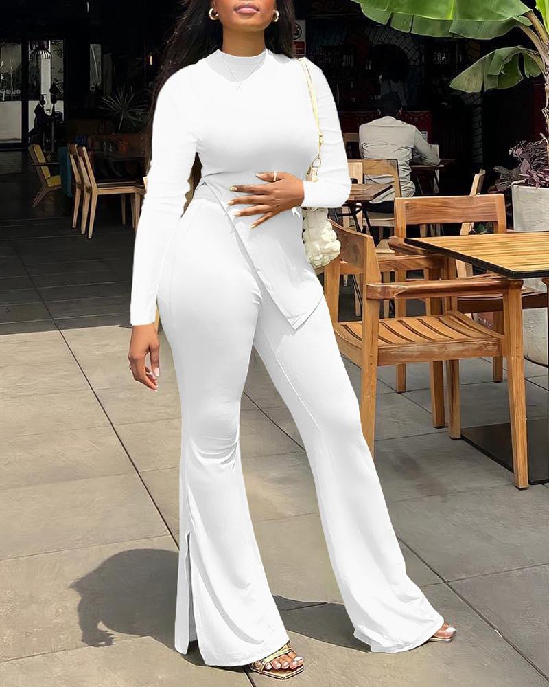 

Split Hem Long Sleeve Top & Flared Leg Pants Set, White