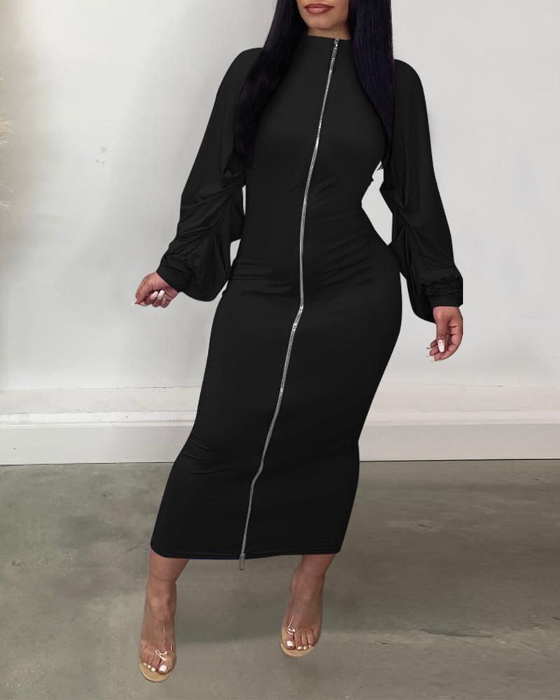 

Ruched Lantern Sleeve Zip Front Bodycon Dress, Black