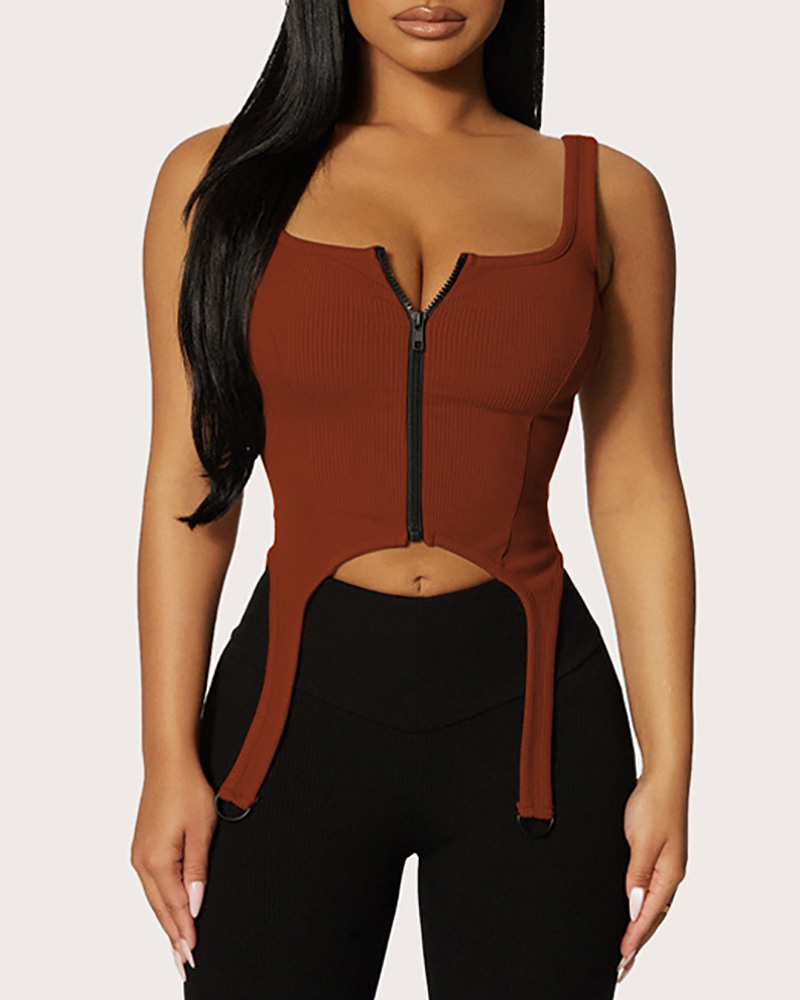 

Zipper Front O Rings Skinny Crop Top, Brown