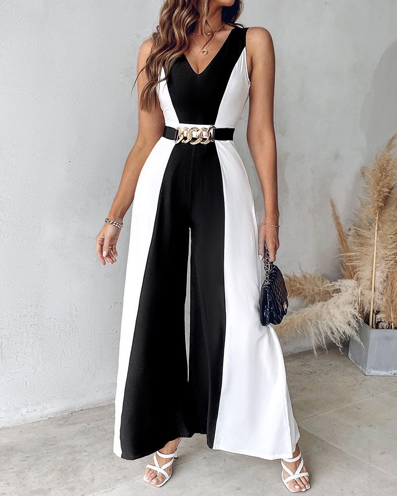 

Colorblock Sleeveless Wide Leg Jumpsuit Without Belt, Black