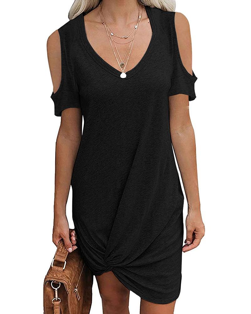 

Solid Color Cold Shoulder Twisted Knot Dress, Black