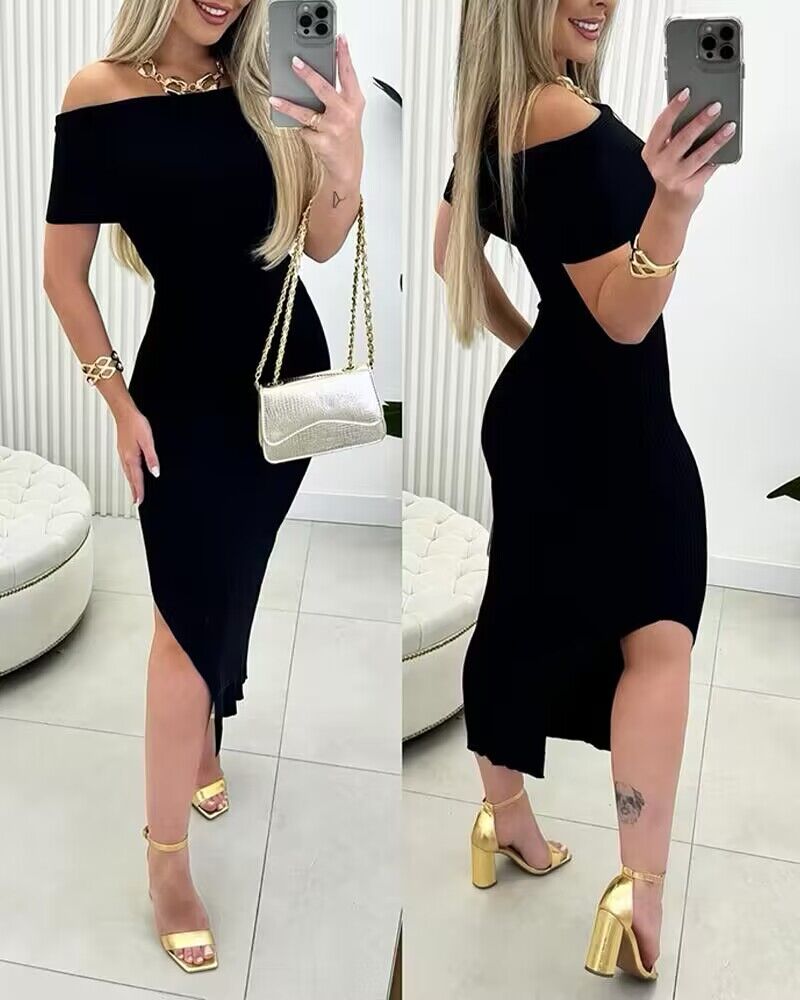 

Off Shoulder Side Slit Knit Bodycon Dress, Black