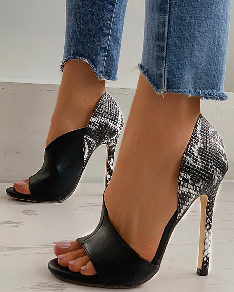 

Snakeskin Colorblock Peep Toe Stiletto Heel, Black