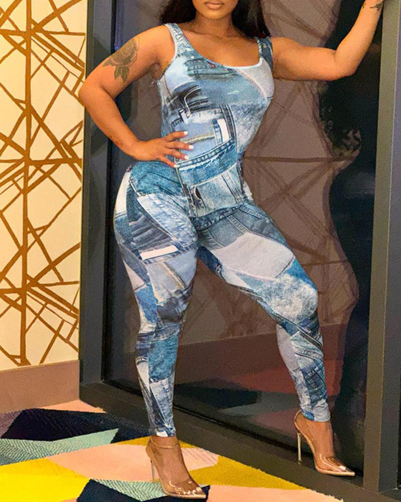 

Denim Look Print Scoop Neck Sleeveless Jumpsuit, Blue