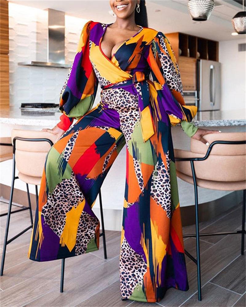 

Plus Size Leopard Print Long Sleeve Jumpsuit, Purple