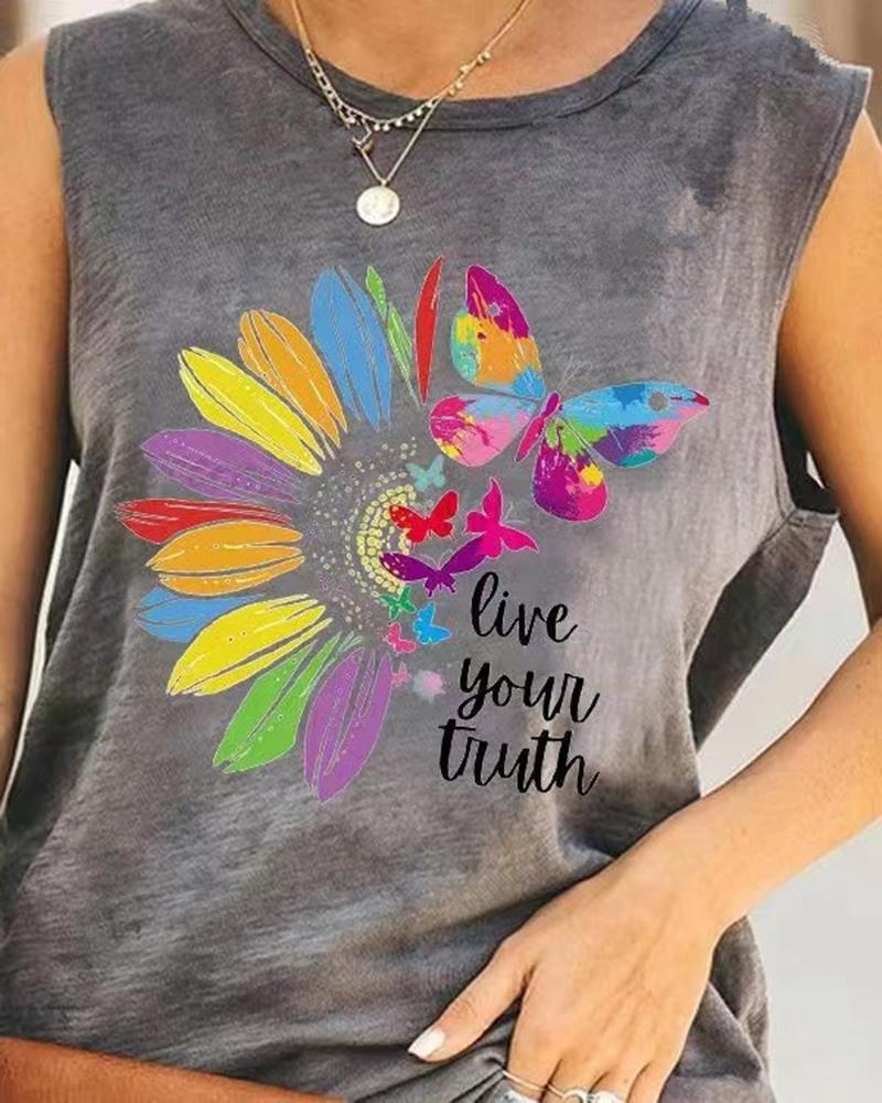 

Rainbow Stripe Sunflower Letter Print Cutout Tank Top, Multicolor