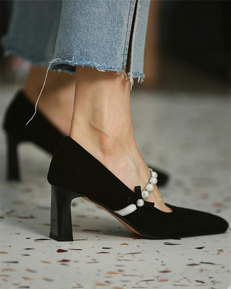 

Beaded Strap Suede Square Toe Chunky Heels, Black